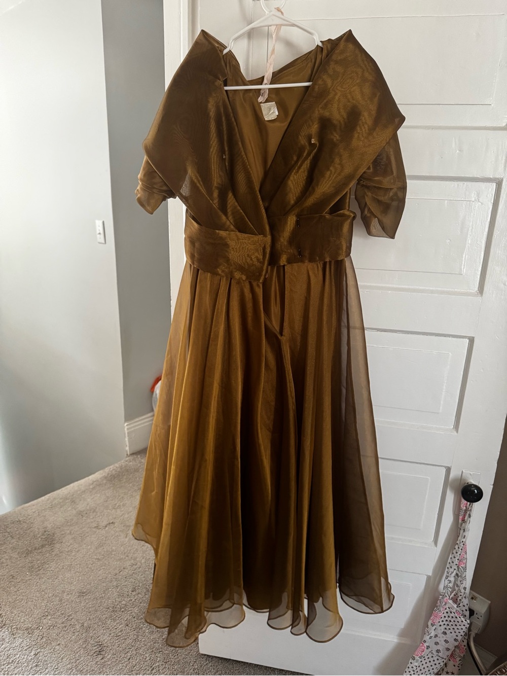 Vintage Watters Olive with Gold sheen Organza Midi Dress with Shawl Collar